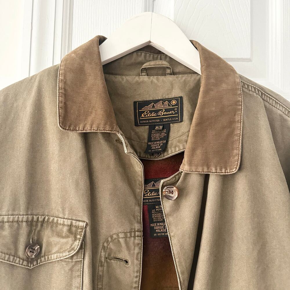 Eddie Bauer Khaki Vintage 80s Chore Jacket Tan Corduroy Collar Cuffs MP Lined - Picture 2 of 10